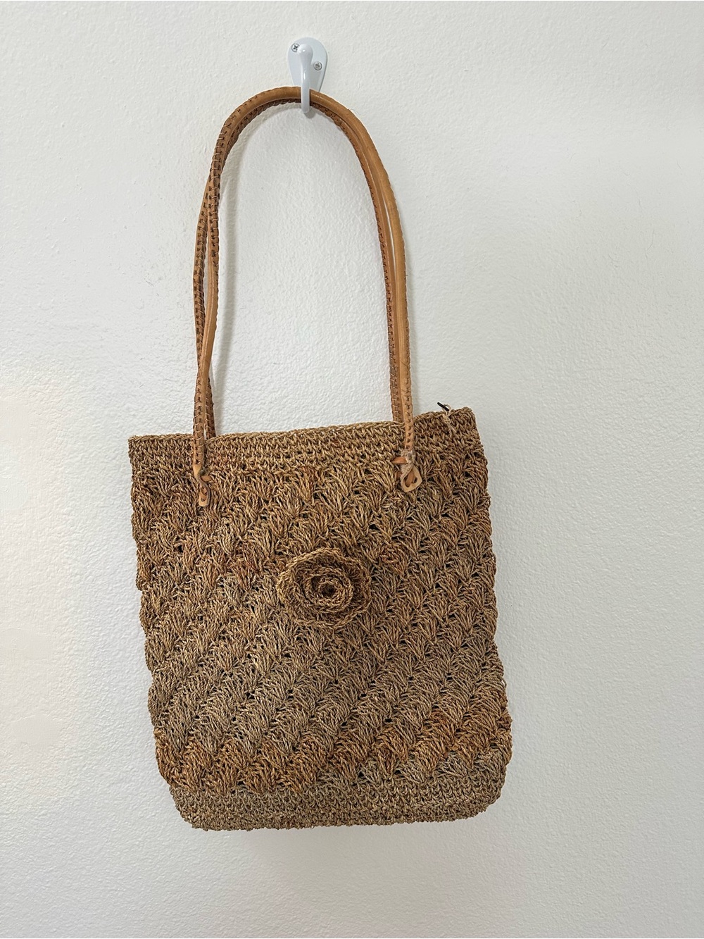 Brown Beige Woven Straw Handmade Tote Bag with Flower Accent & Leather Strap - Picture 2 of 14